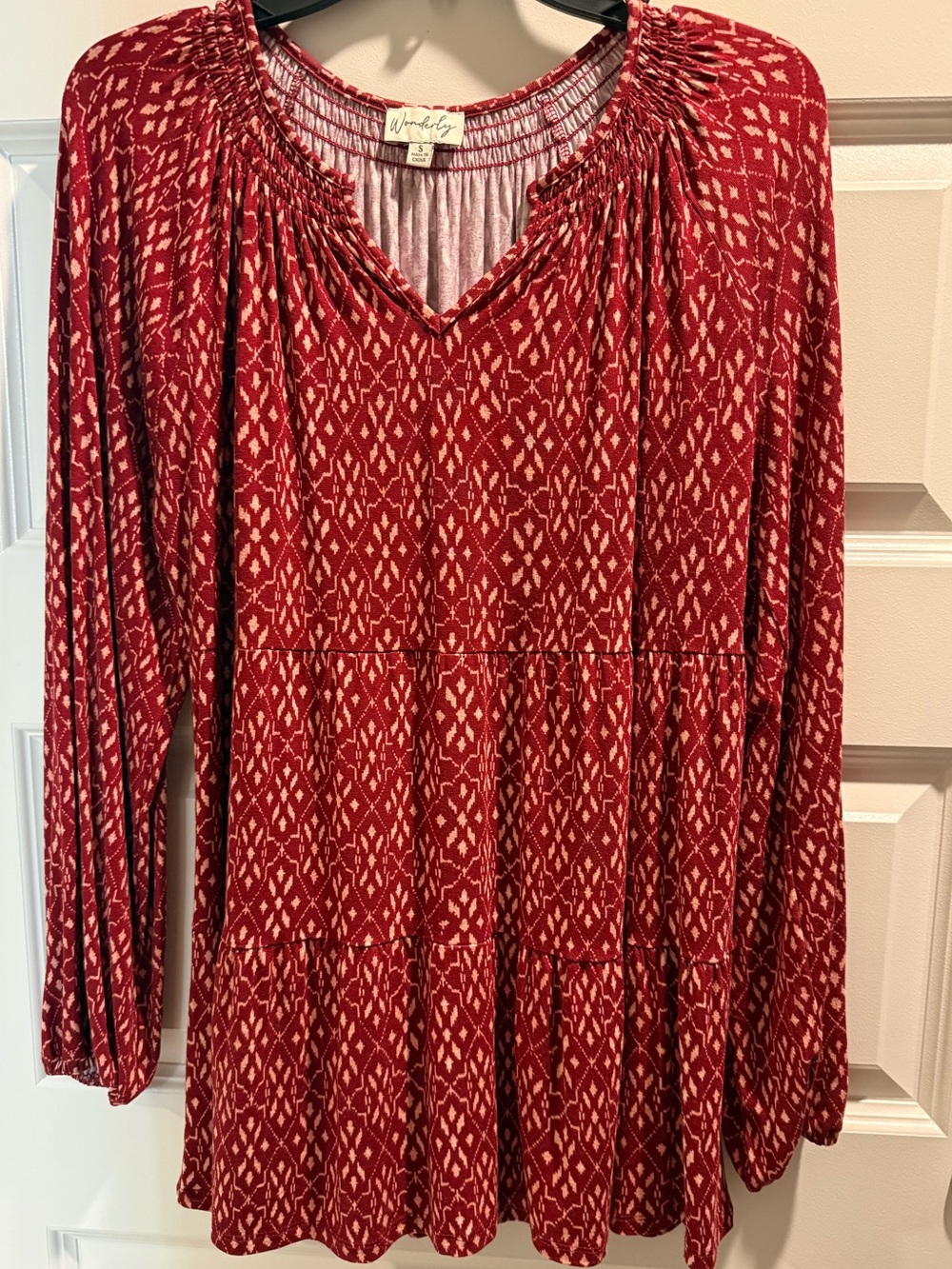 Wonderly maroon Ikat Smocked V-Neck Tunic New Sz S
